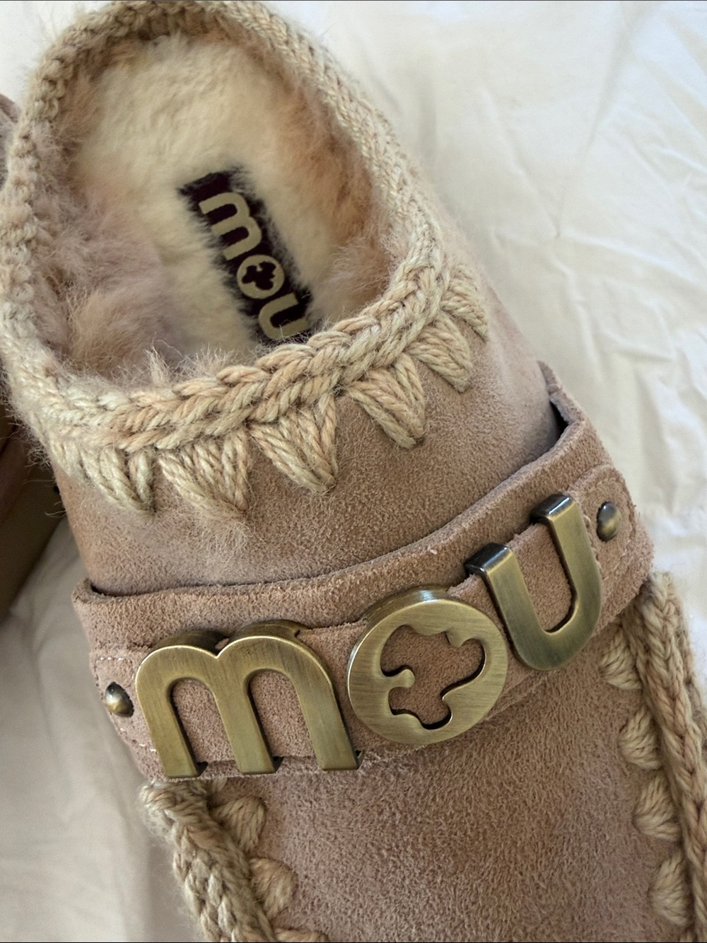 Mou womens Suede Shearling Slip-On platform with Gold Logo NWOT - Picture 7 of 8